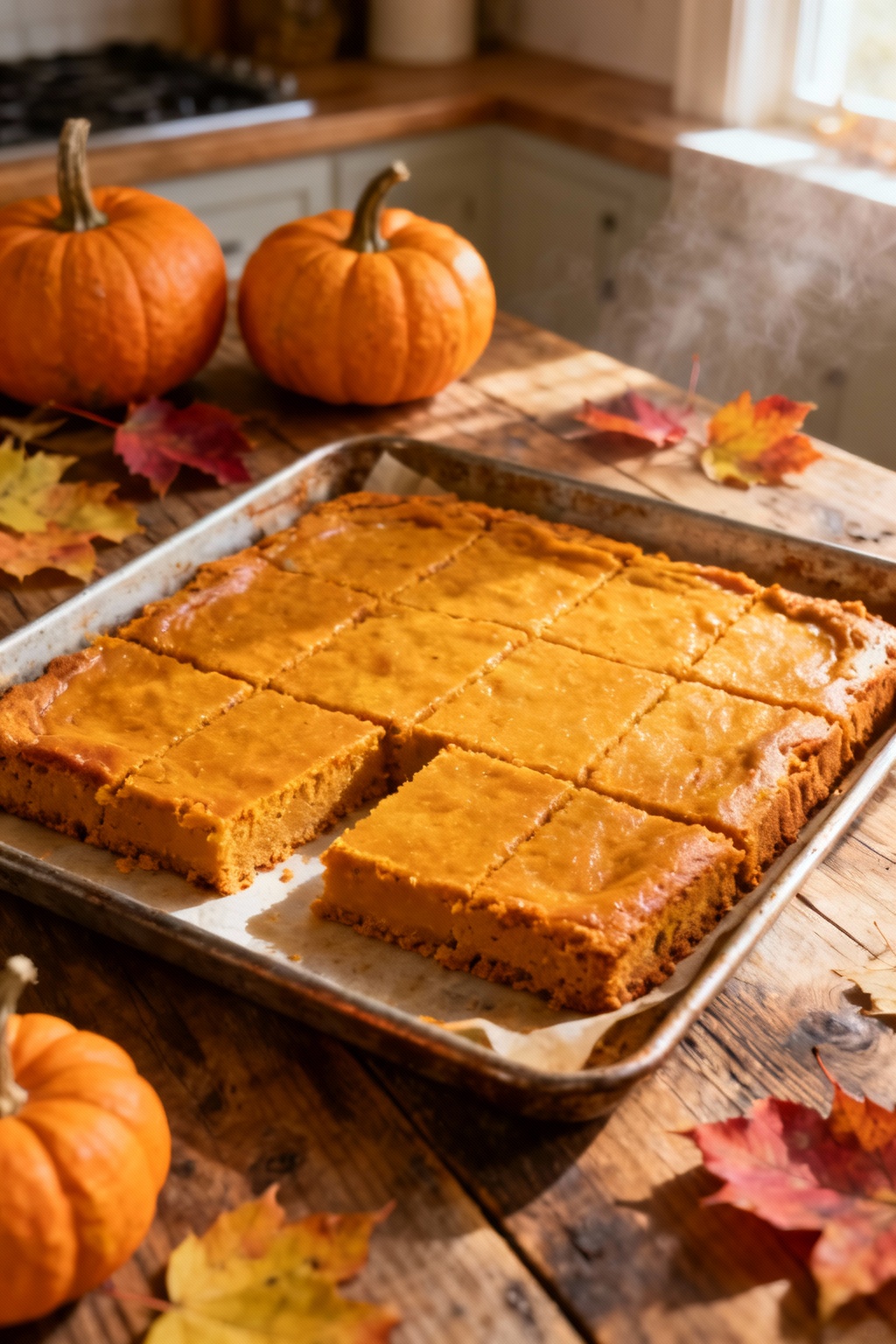 Freshly baked pumpkin bars with chocolate chips on a cooling rack
