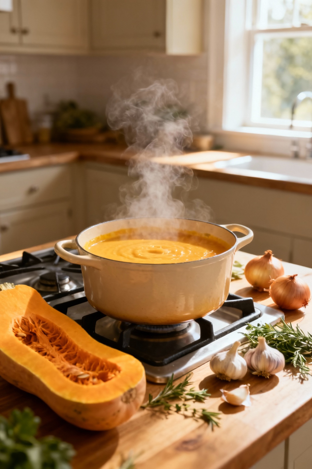 Bowl of creamy Easy Creamy Butternut Squash Soup with garnish