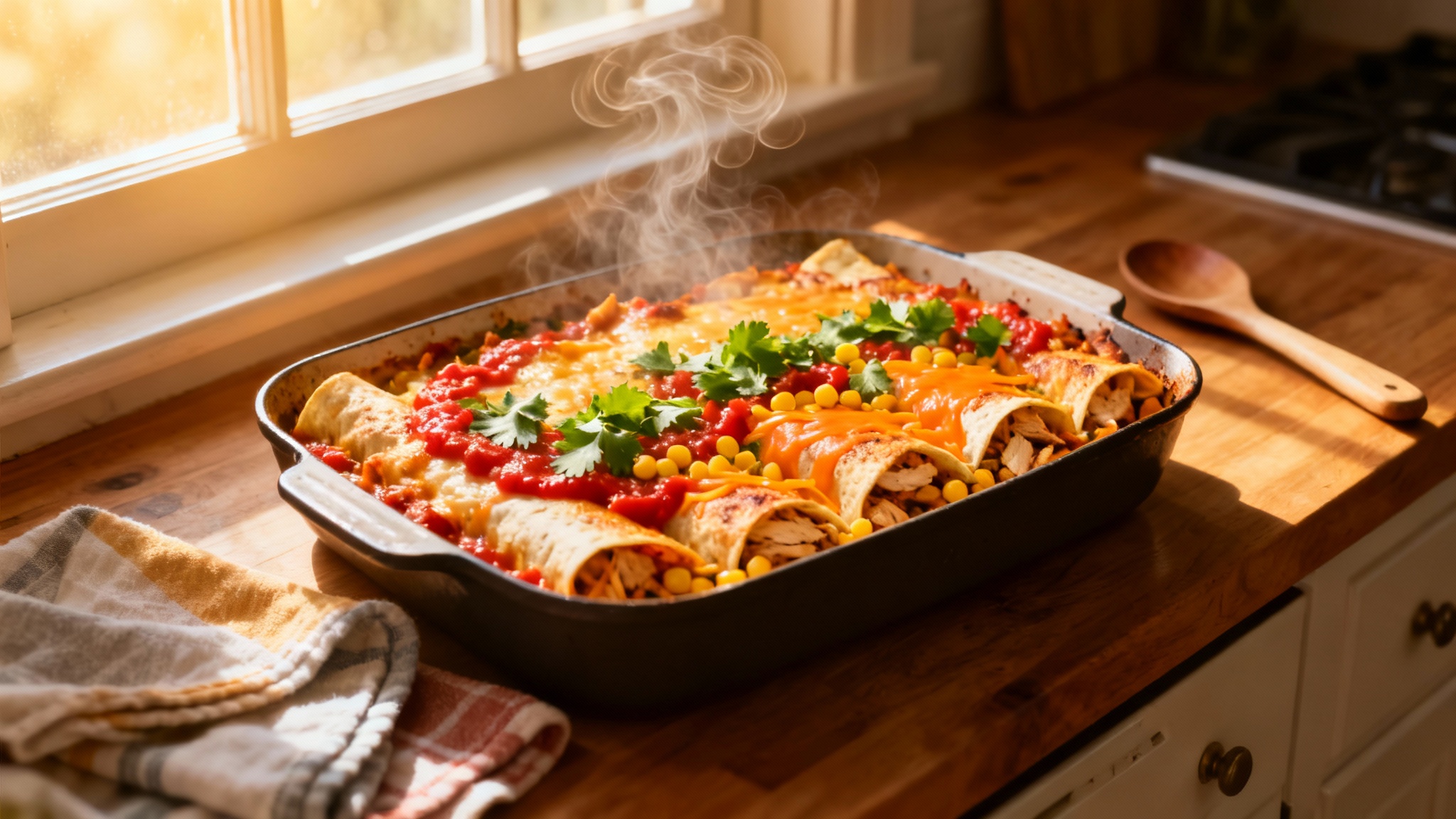 Chicken Burrito Bake with melted cheese and fresh garnishes