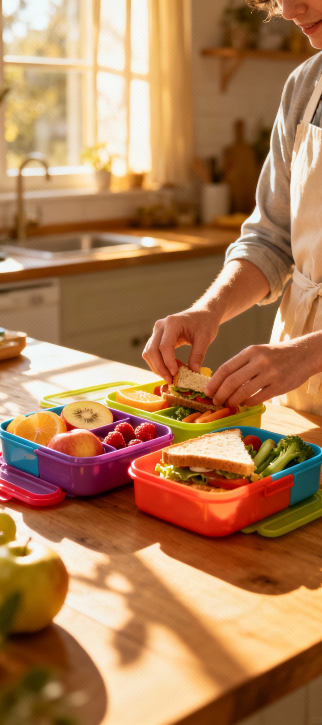 Happy kids enjoying colorful packed lunches