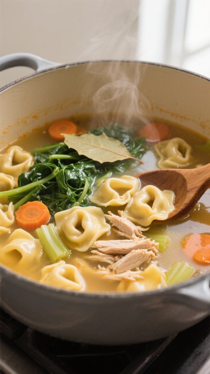 Close-up cooking process: A simmering Dutch oven of Chicken Tortellini Soup at the moment tortellini