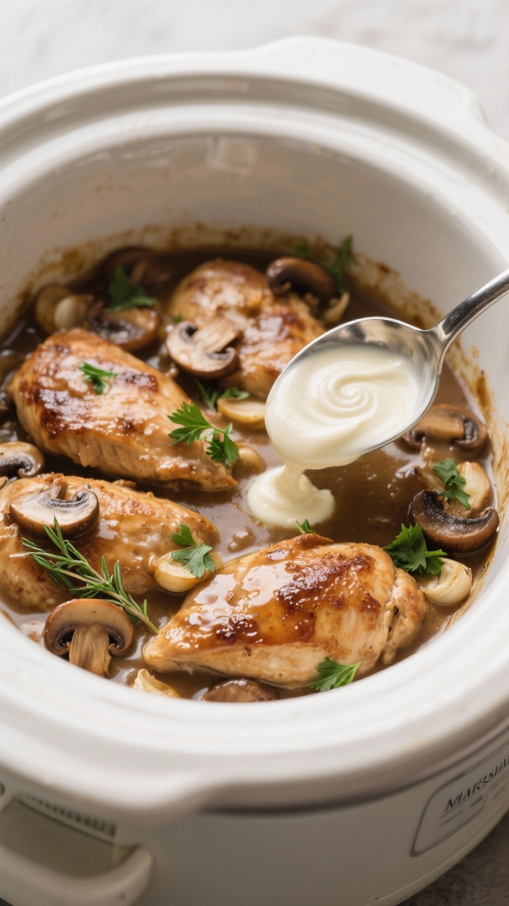 Close-up cooking process: Chicken Marsala in the slow cooker at the finish, spoon stirring in a spla