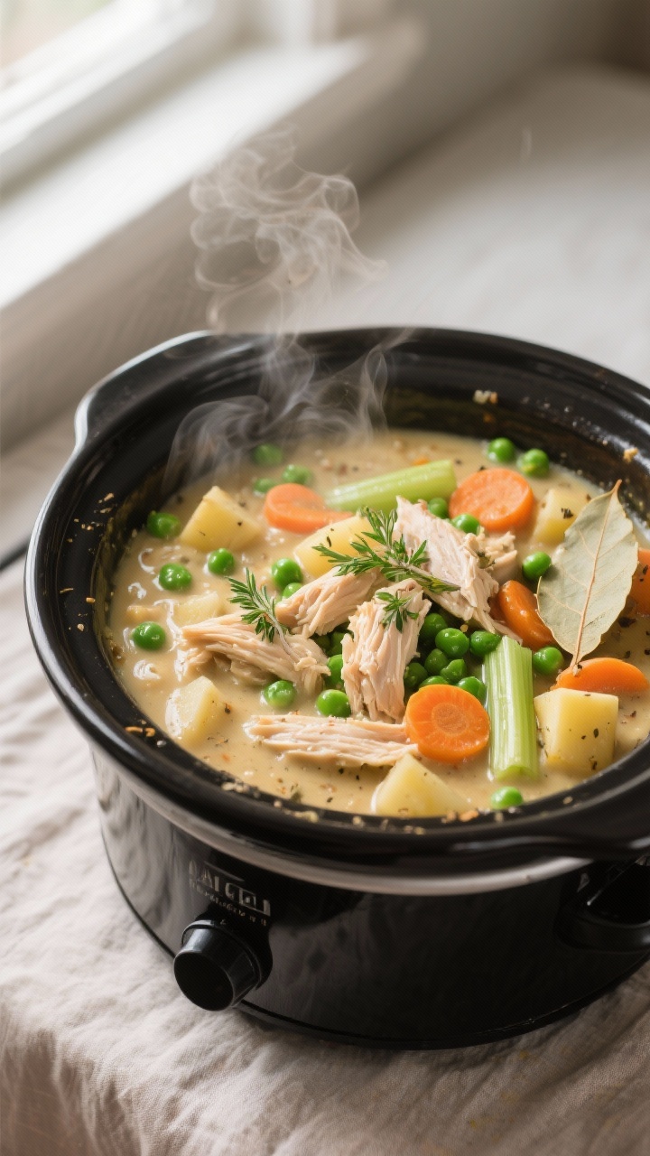 Close-up cooking process: Slow cooker chicken pot pie filling bubbling on High in a matte black croc