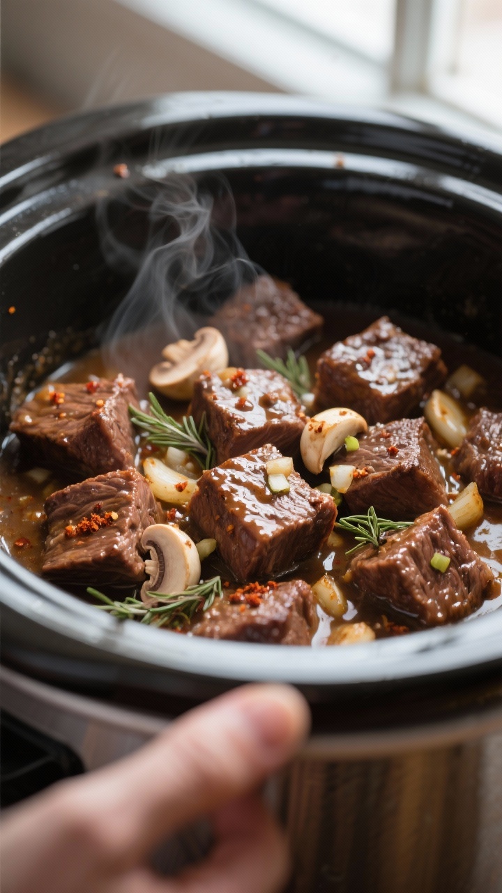 Close-up cooking process: Tender garlic butter beef bites simmering in a slow cooker, glistening cub