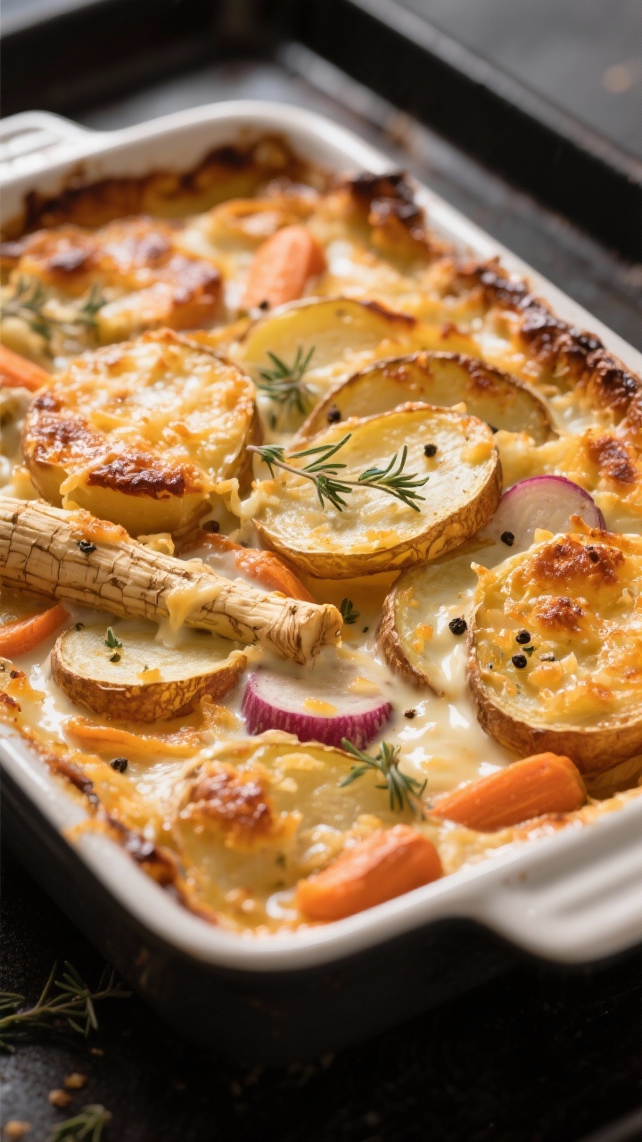 Close-up detail: A bubbling, golden-brown root vegetable gratin just after uncovering in the oven, s