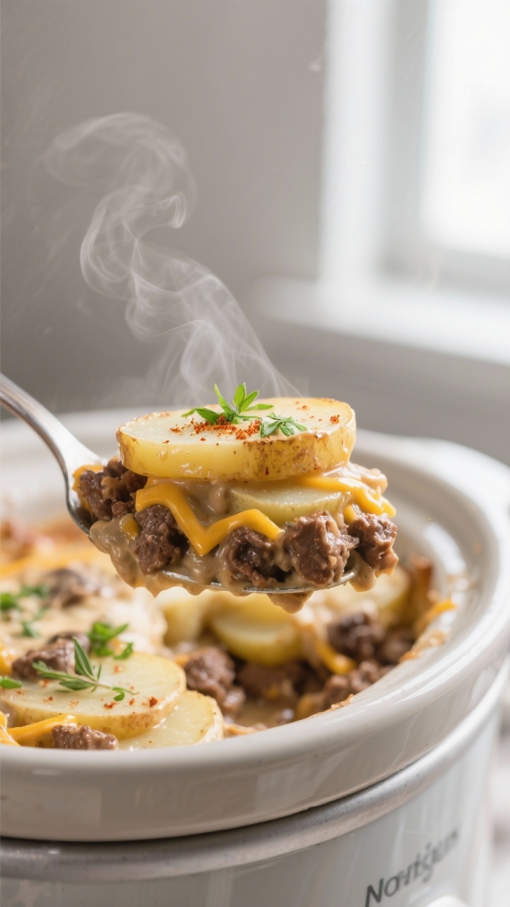 Close-up detail: A spoonful lift of crockpot hamburger potato casserole fresh from the slow cooker, 