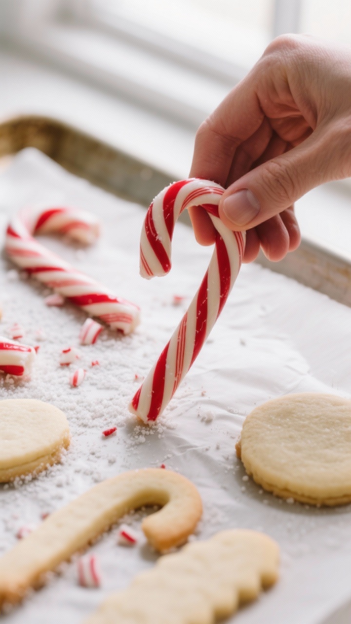 Close-up detail and process: Twisting candy cane cookies on parchment-lined baking sheet, two pencil