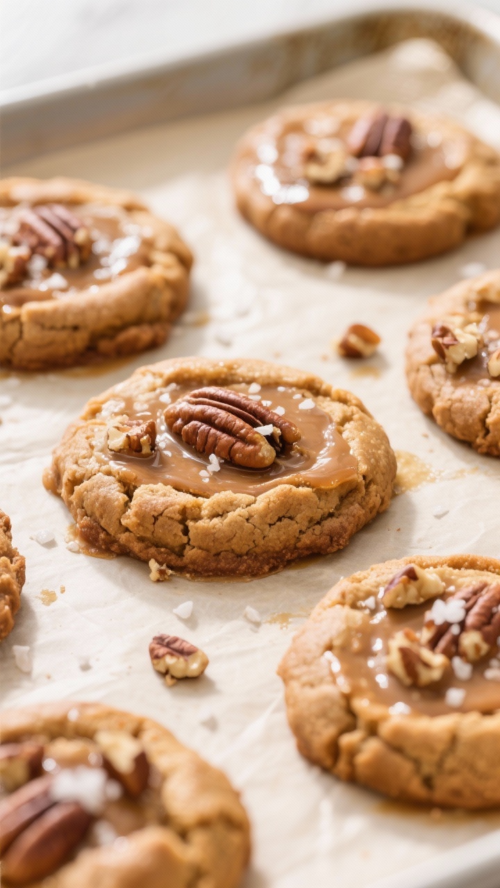 Close-up detail, cooking process: A tray of freshly baked butter pecan cookies just out of the oven,