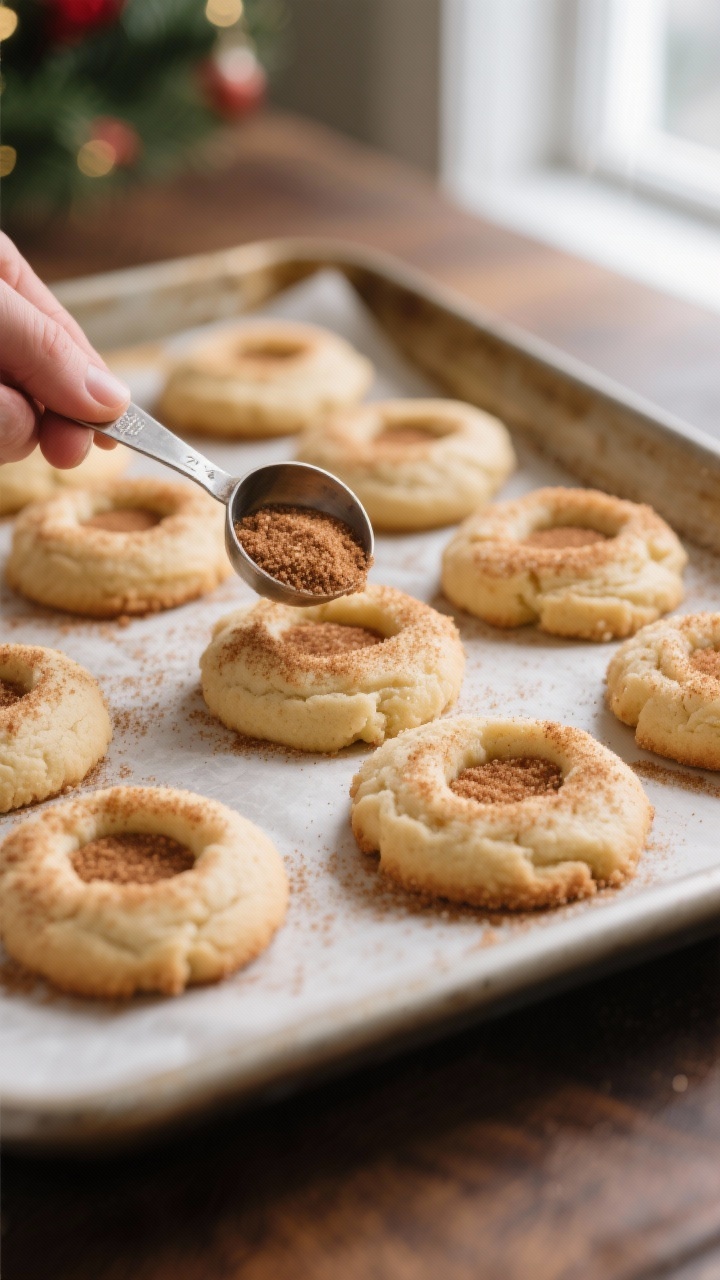 Close-up detail, cooking process: A tray of freshly baked eggnog snickerdoodle thumbprint cookies ju