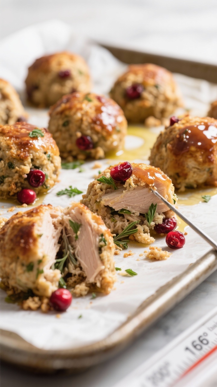 Close-up detail, cooking process: Cranberry turkey stuffing balls on a parchment-lined baking sheet