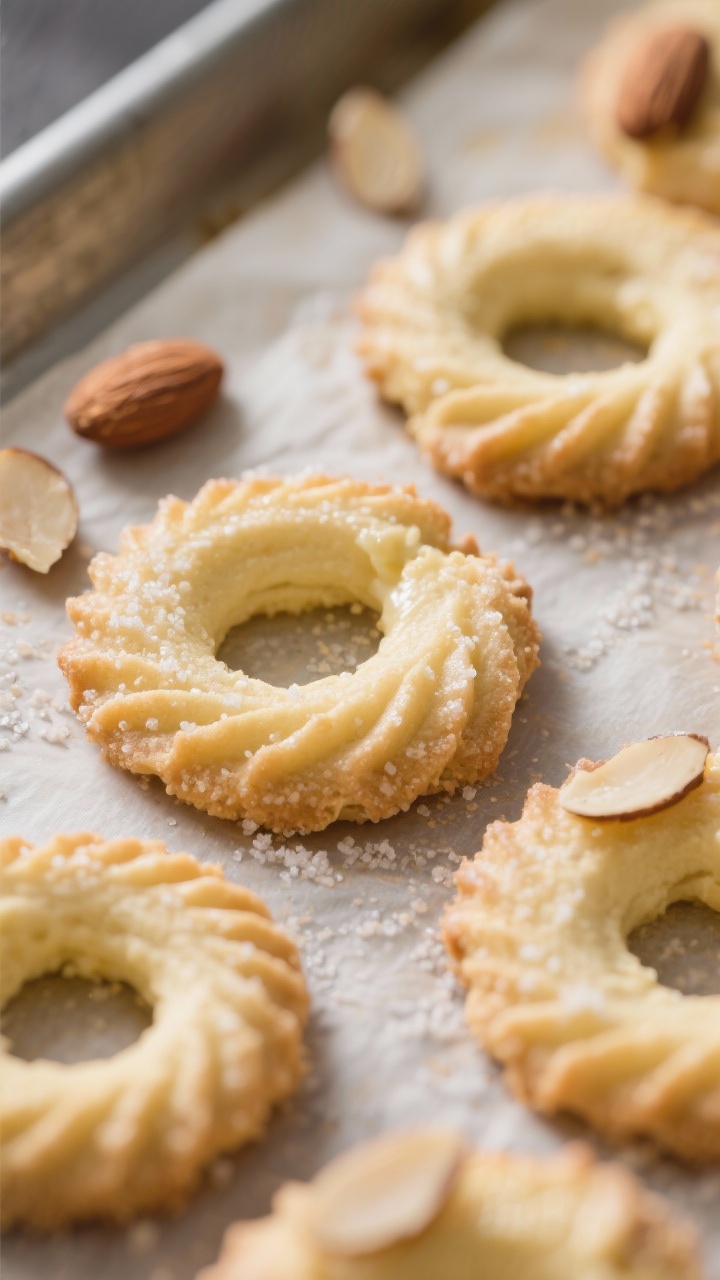Close-up detail, cooking process: Piped German butter cookie rings with crisp ridges just baked on a