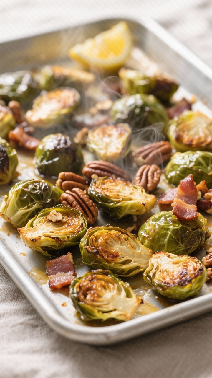 Close-up detail/cooking process: Roasted Brussels sprouts on a preheated sheet pan at 425°F, cut-si