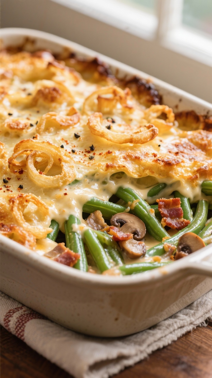 Close-up detail: Golden-topped Southern green bean casserole fresh from the oven, bubbling edges and