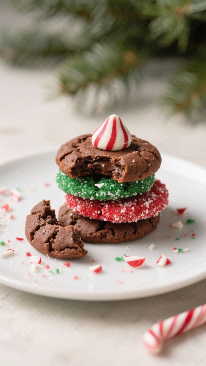 Close-up detail of a plated stack of chocolate peppermint blossoms on a matte white dessert plate, o