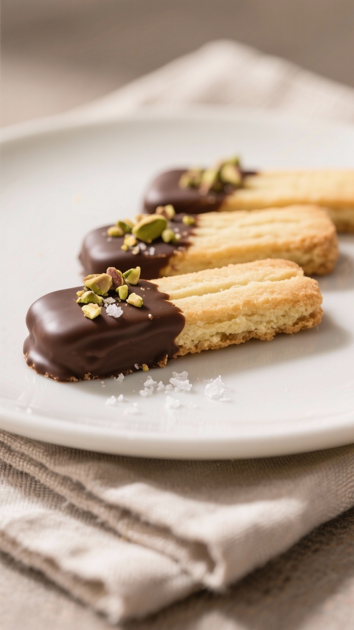 Close-up detail of chocolate-dipped shortbread fingers plated for serving: buttery, smooth surfaces 