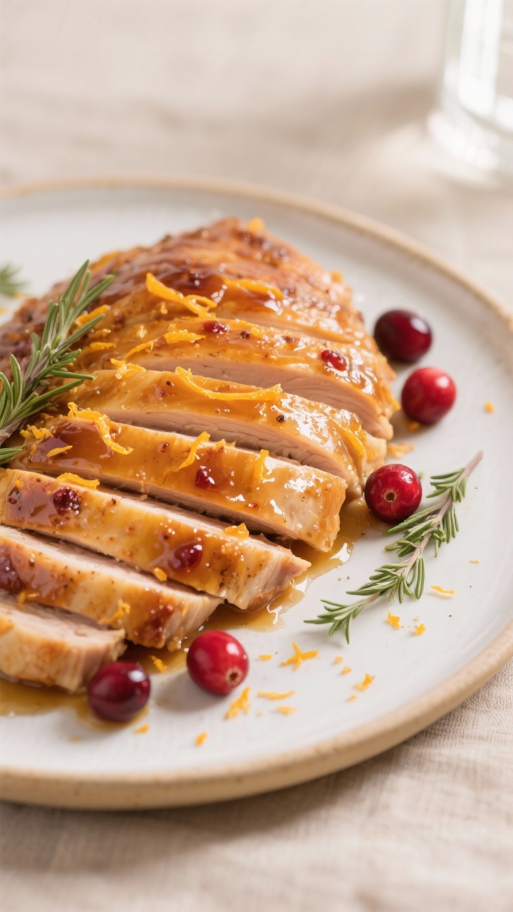 Close-up detail of sliced Cranberry Orange Glazed Turkey Breast just after resting, fanned on a warm