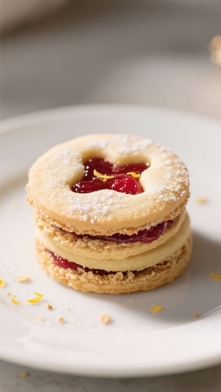 Close-up detail of the final plated Raspberry Linzer cookies stacked slightly offset on a matte whit