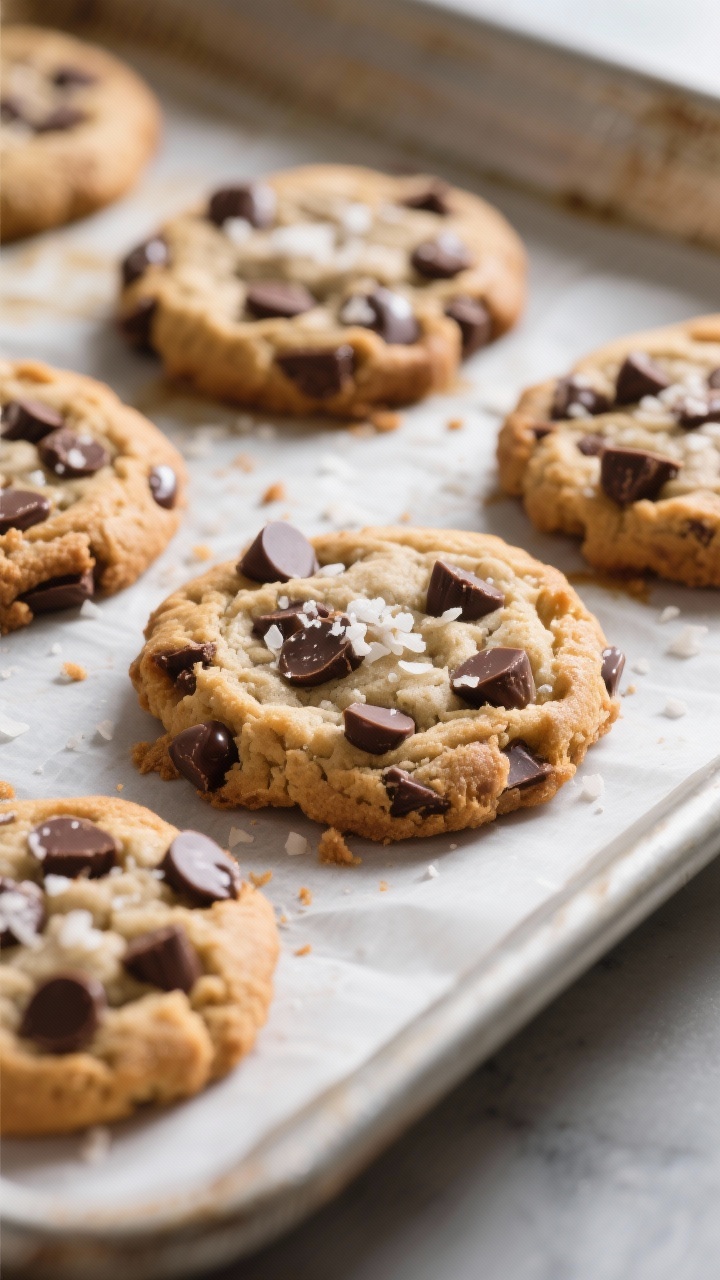 Close-up detail/process shot: A tray of freshly baked chocolate chip cookies just out of the oven at