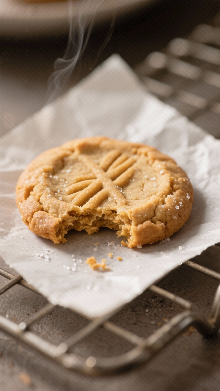 Close-up detail shot: A just-baked peanut butter cookie resting on parchment, showcasing the classic