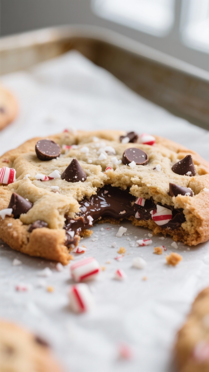 Close-up detail shot: A just-baked peppermint chocolate chip cookie broken in half to reveal a soft,