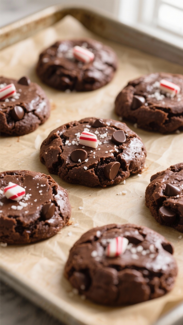 Close-up detail shot: A tray of freshly baked peppermint brownie cookies just out of the oven, showc