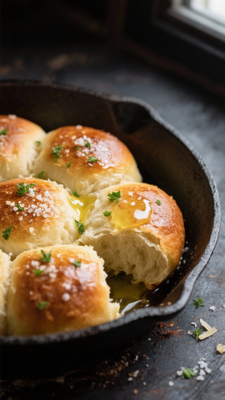 Close-up detail shot of freshly baked garlic butter bread rolls just out of the oven in a cast-iron 