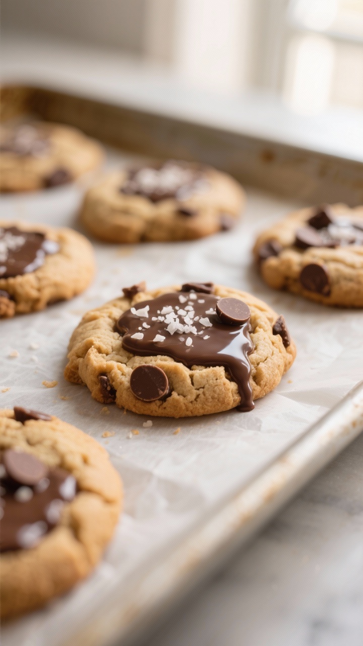 Close-up detail shot of freshly baked peanut butter chocolate chip cookies cooling on a parchment-li