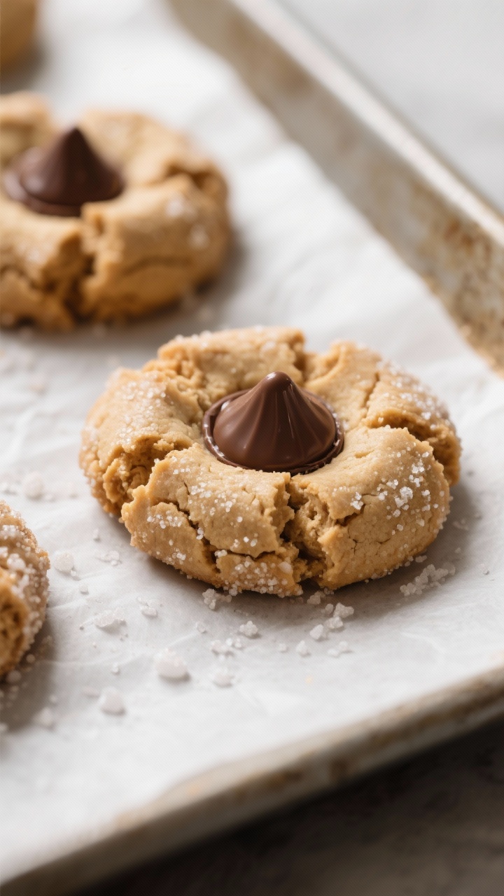 Close-up detail shot of freshly baked peanut butter blossom cookies just after pressing in the choco