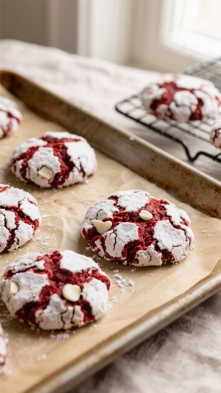 Close-up detail shot of freshly baked red velvet crinkle cookies just out of the oven on a parchment