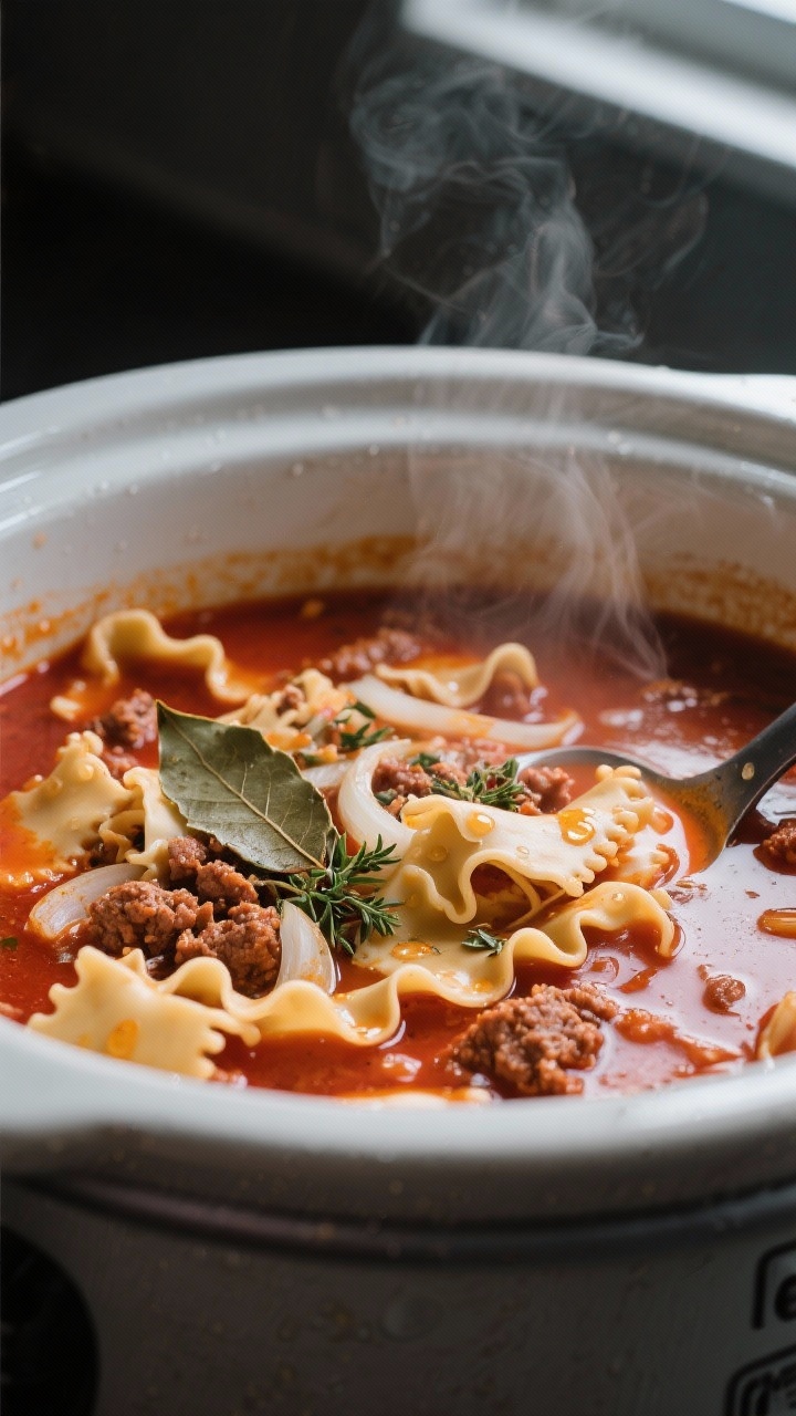 Close-up detail shot of simmering Crockpot Lasagna Soup just after noodles are added: glossy, tomato