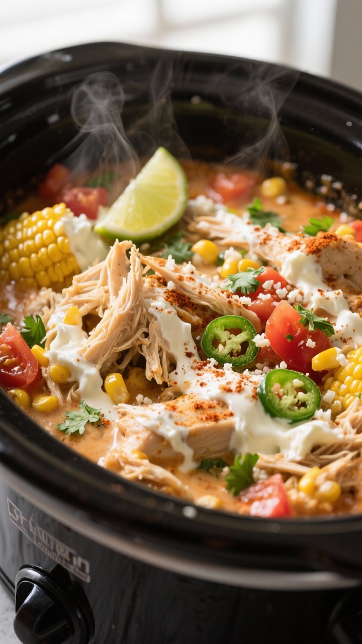 Close-up detail: Shredded slow-cooker street corn chicken being folded back into its creamy sauce in