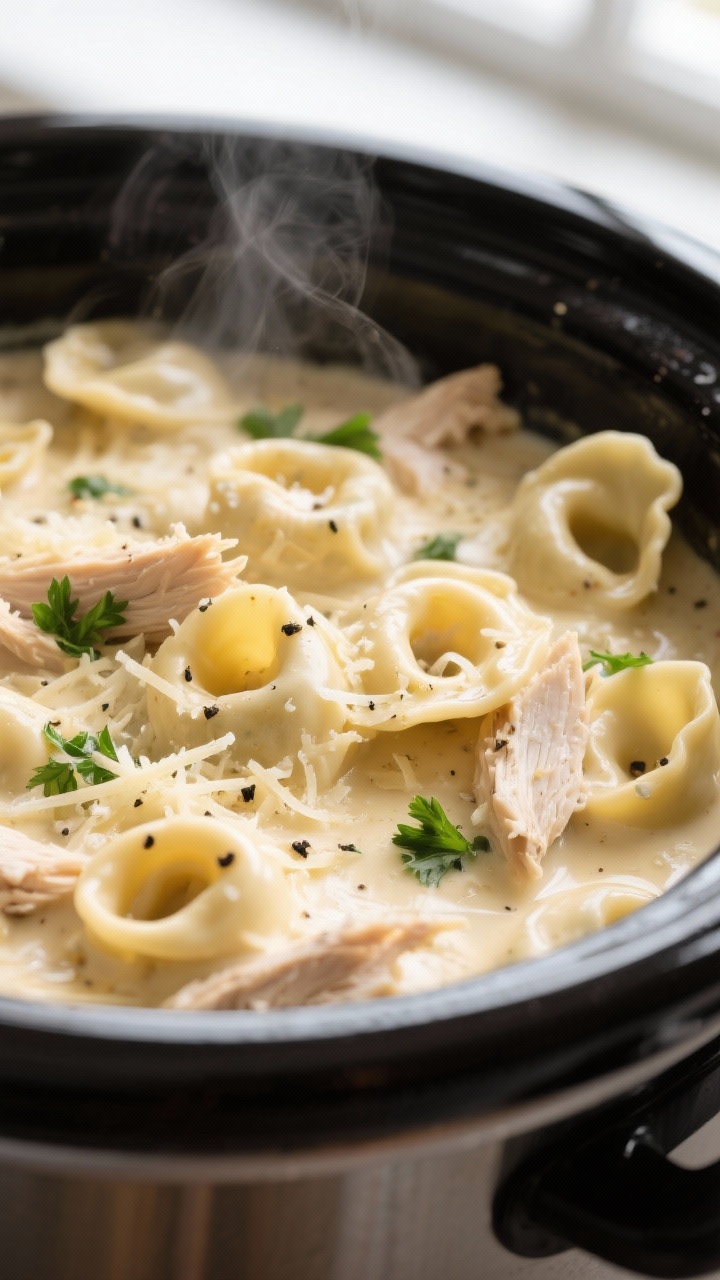 Close-up detail: Silky Alfredo sauce coating plump cheese tortellini and shredded chicken inside a w