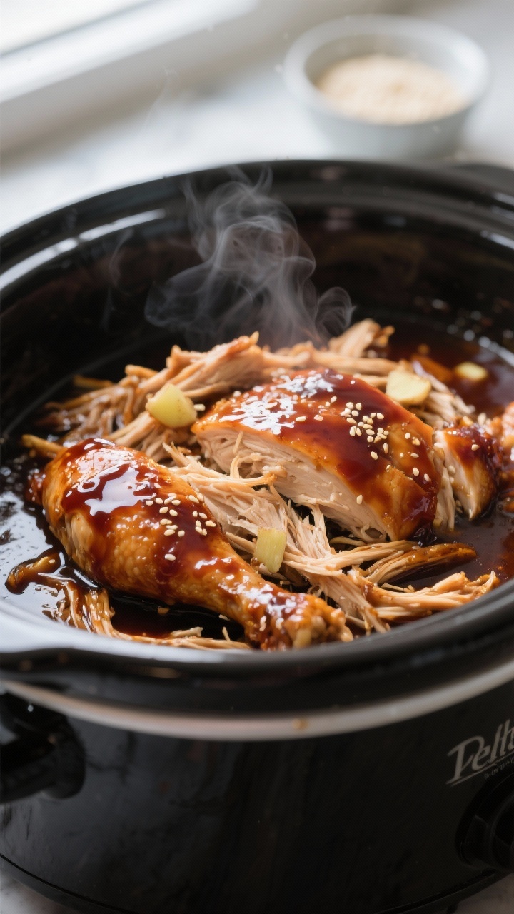 Close-up detail: Tender shredded crockpot teriyaki chicken being folded back into a glossy, thickene