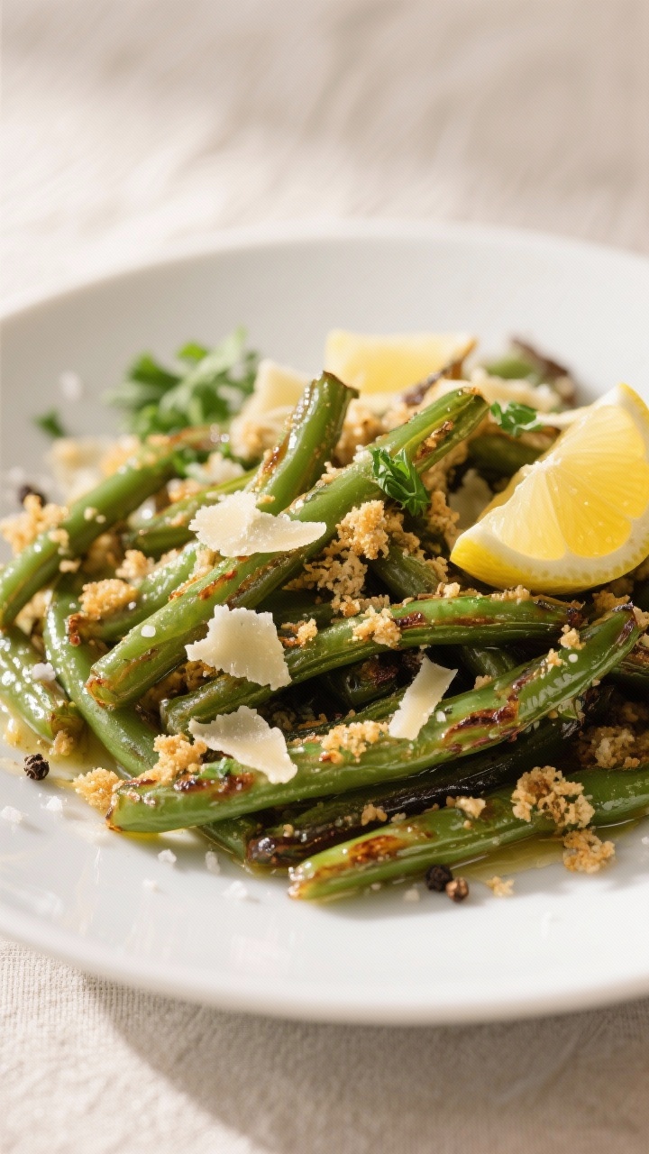 Close-up final plated dish: crisp-tender roasted green beans piled onto a matte white shallow plate,