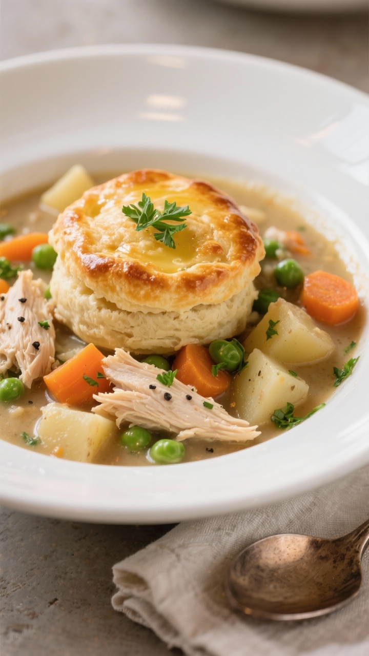 Close-up, shallow-depth-of-field plated serving: a deep white bowl filled with luxurious chicken pot