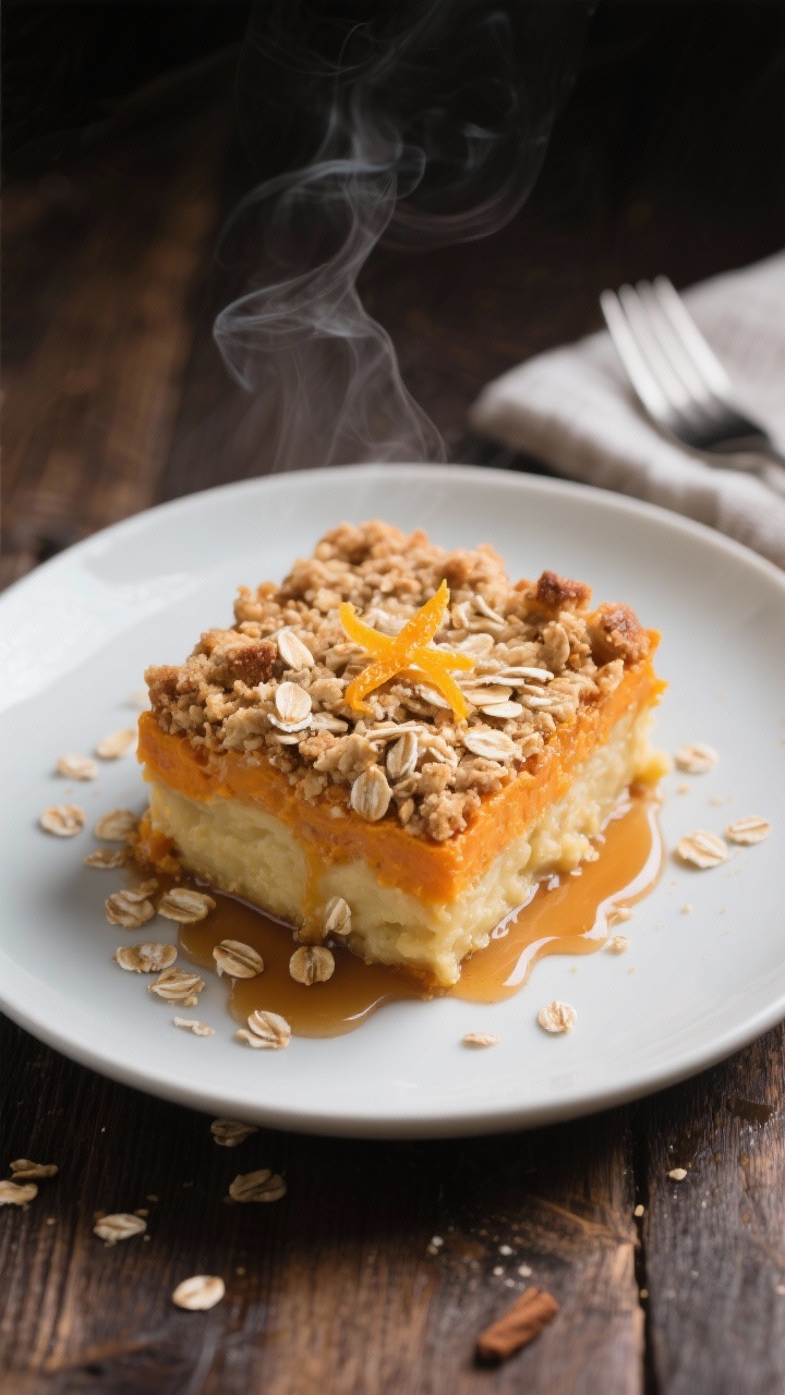 Close-up side angle of a single served square of the casserole on a matte white plate, showcasing th
