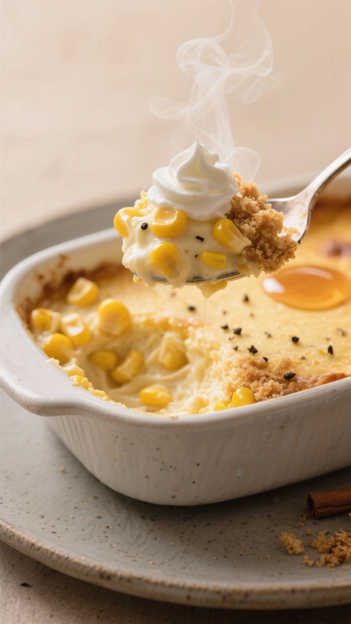 Close-up, spoon-in action detail of a warm scoop of sweet corn pudding lifted from a 2-quart baking 