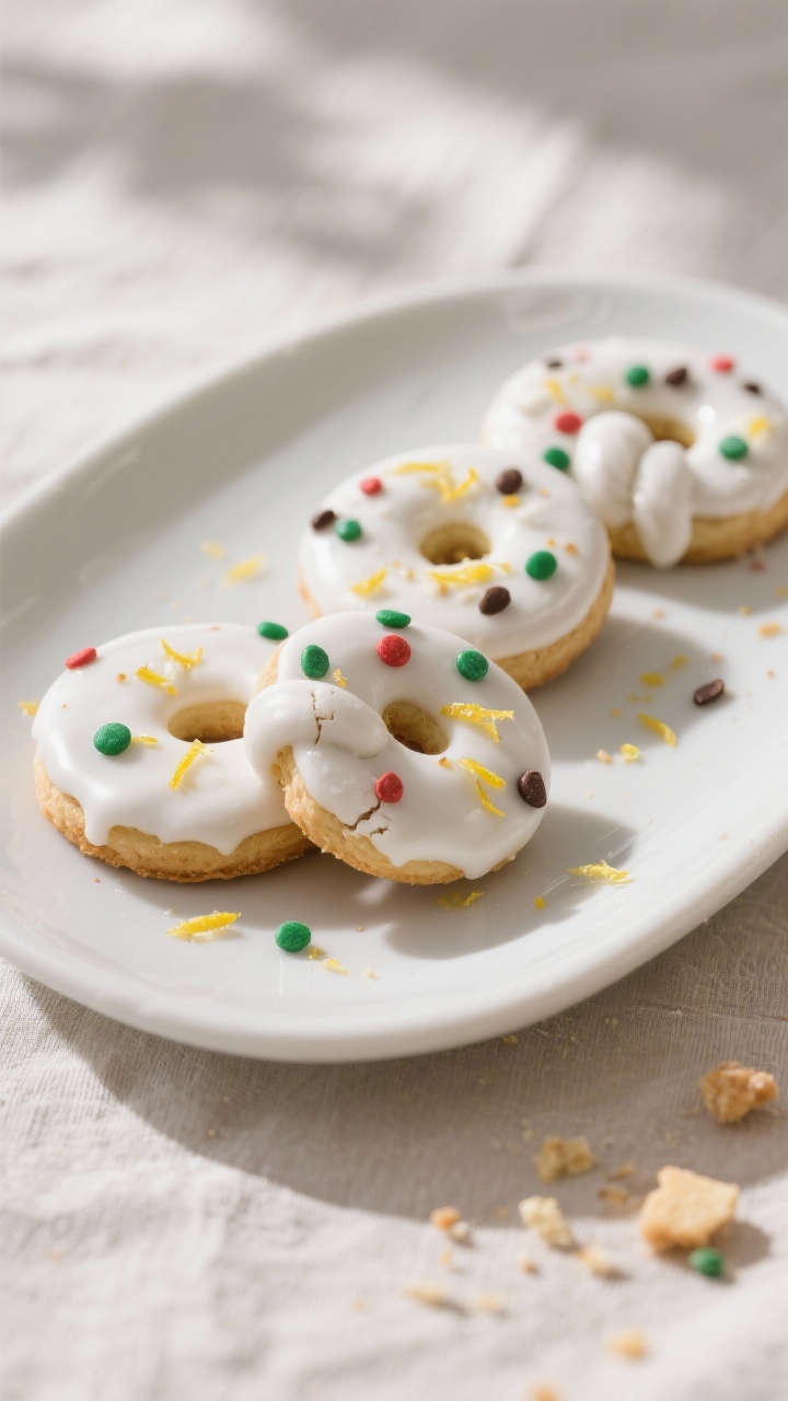 Close-up, three-quarter angle of the final plated Italian Christmas cookies: small round and knotted