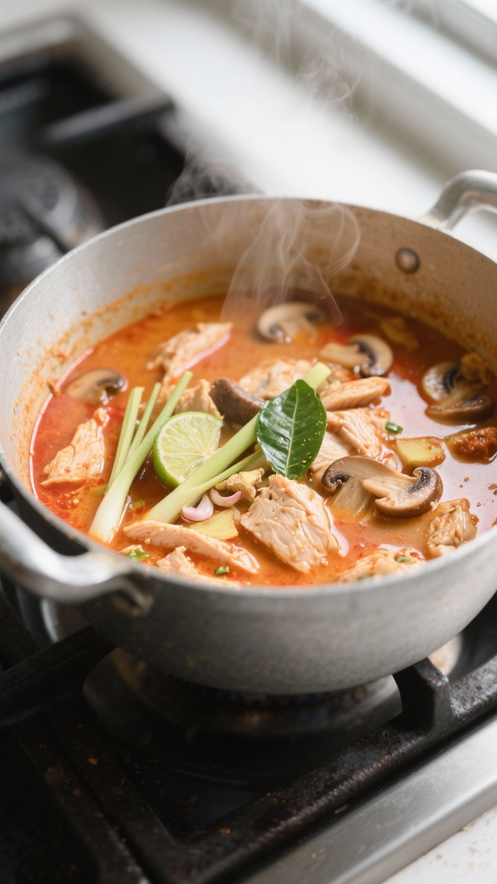 Cooking process close-up: A medium pot over low heat with a silky, just-simmering Thai red curry–c