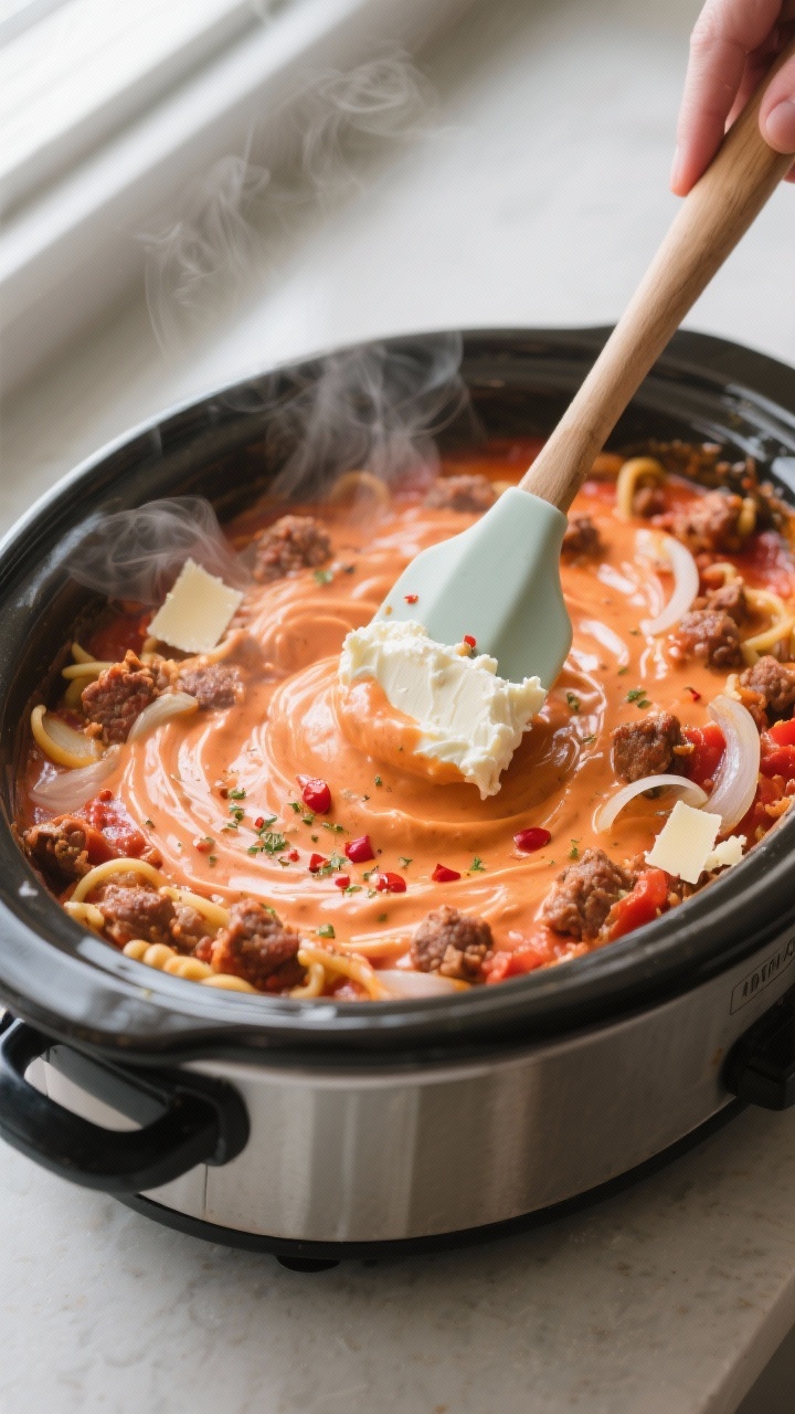 Cooking process close-up: A slow cooker with silky, tomato-cream sauce being stirred just after the 