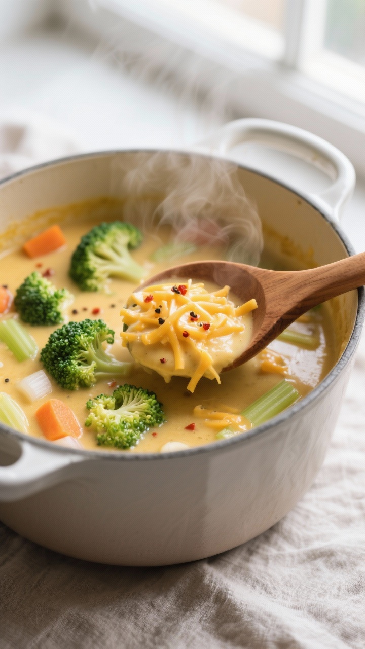 Cooking process close-up: A steaming pot of Protein-Packed Broccoli Cheddar Delight Soup mid-simmer,