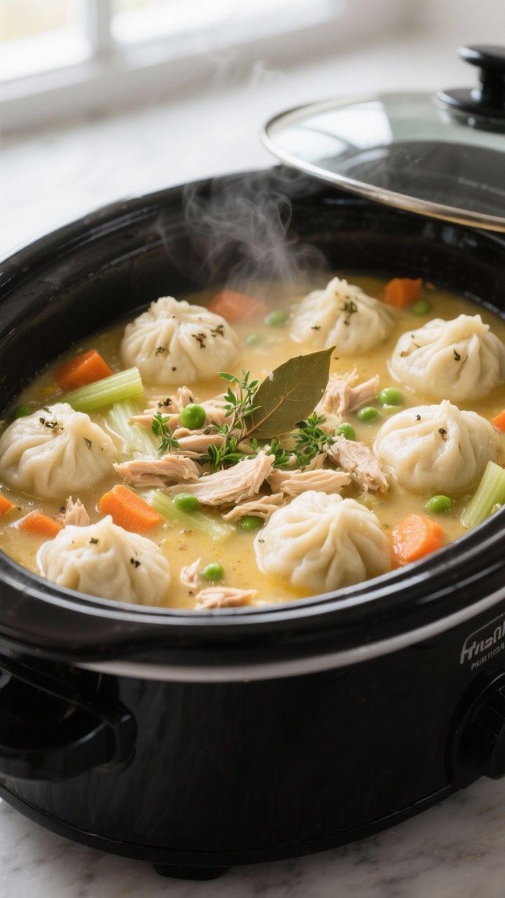 Cooking process close-up: Crockpot chicken and dumplings mid-cook on High, lid just removed, overhea
