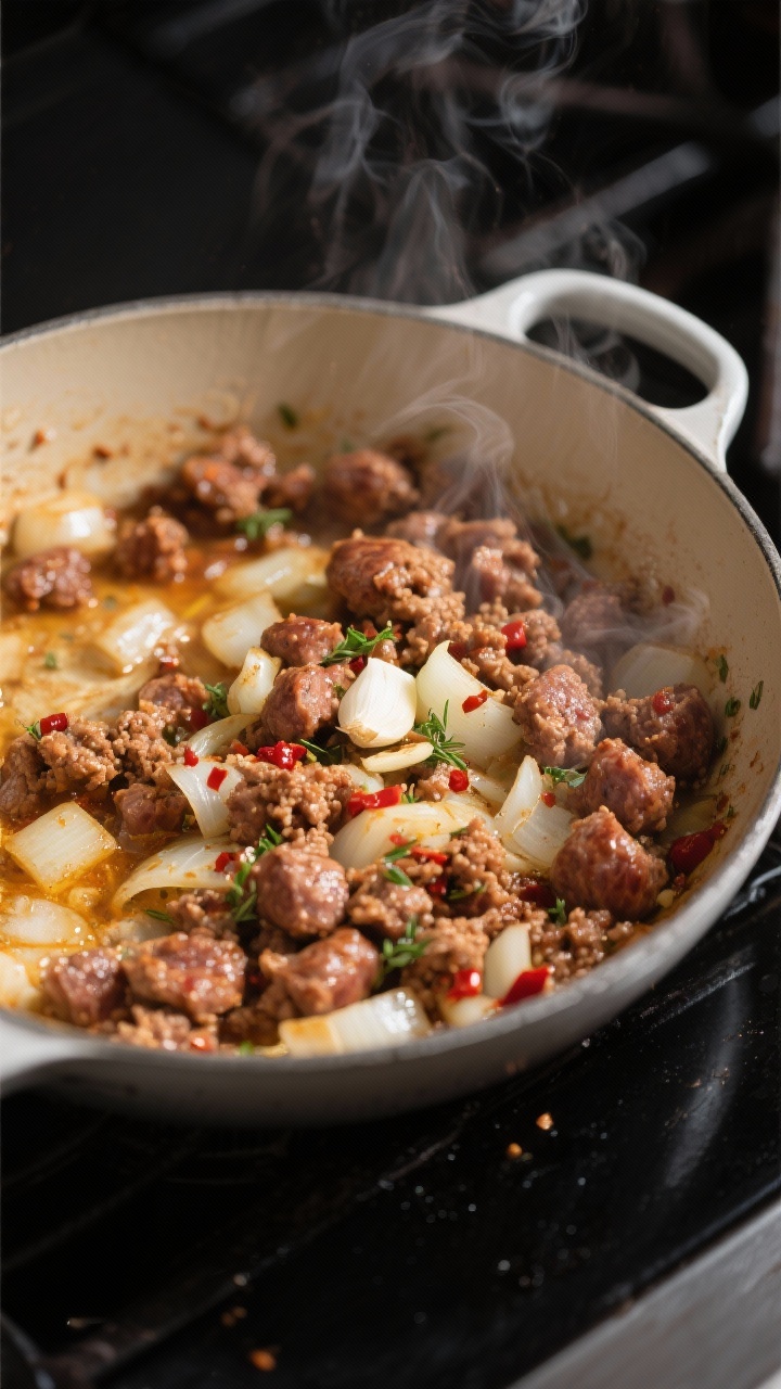 Cooking process close-up: Crumbled Italian sausage sizzling and browned in a Dutch oven with translu