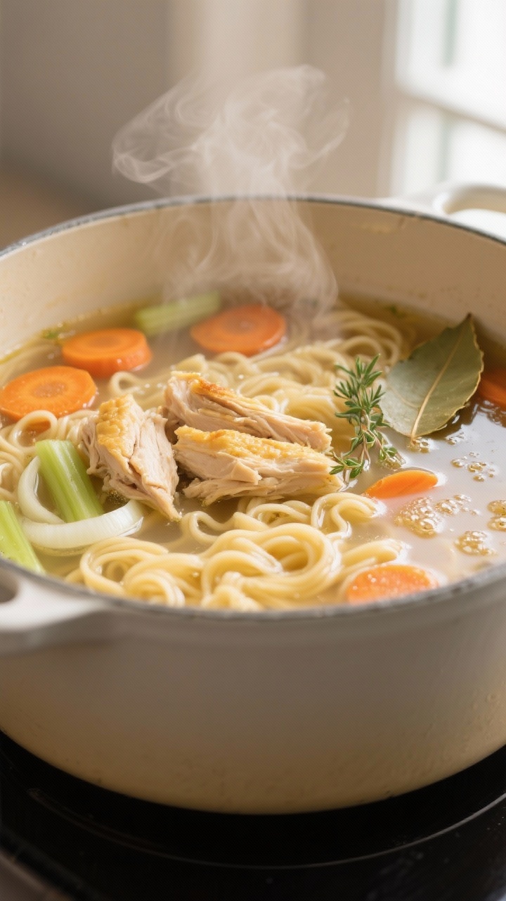 Cooking process, close-up detail: A large enameled Dutch oven with chicken noodle soup gently simmer