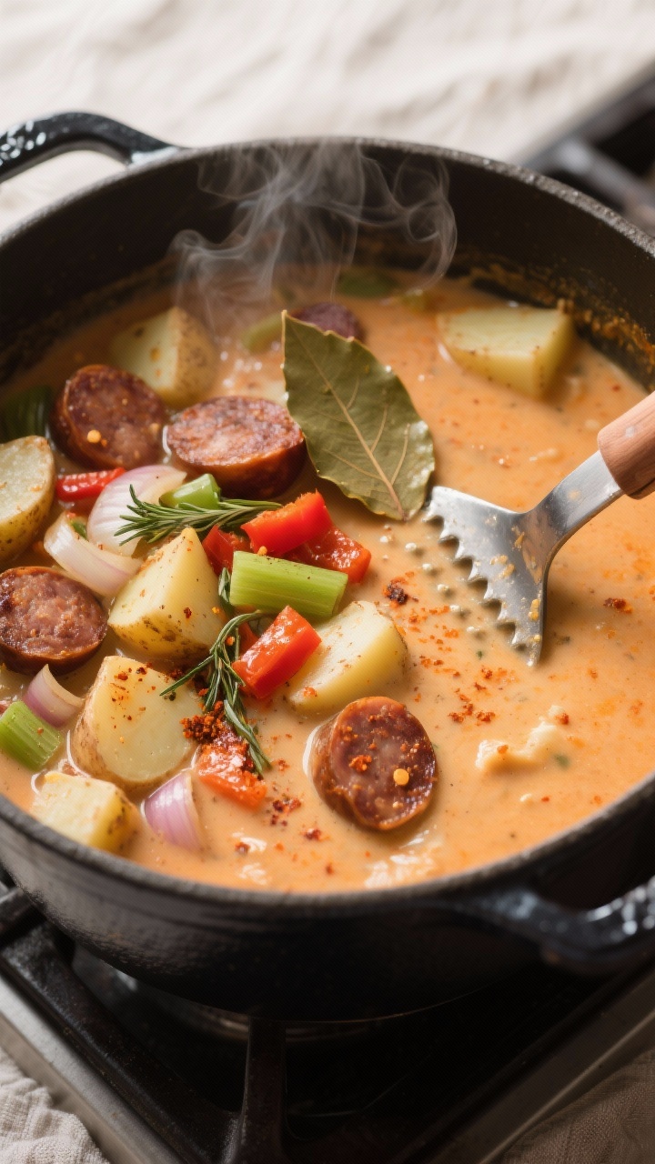 Cooking process, close-up detail: A steaming Dutch oven on the stovetop with Cajun potato soup mid-s