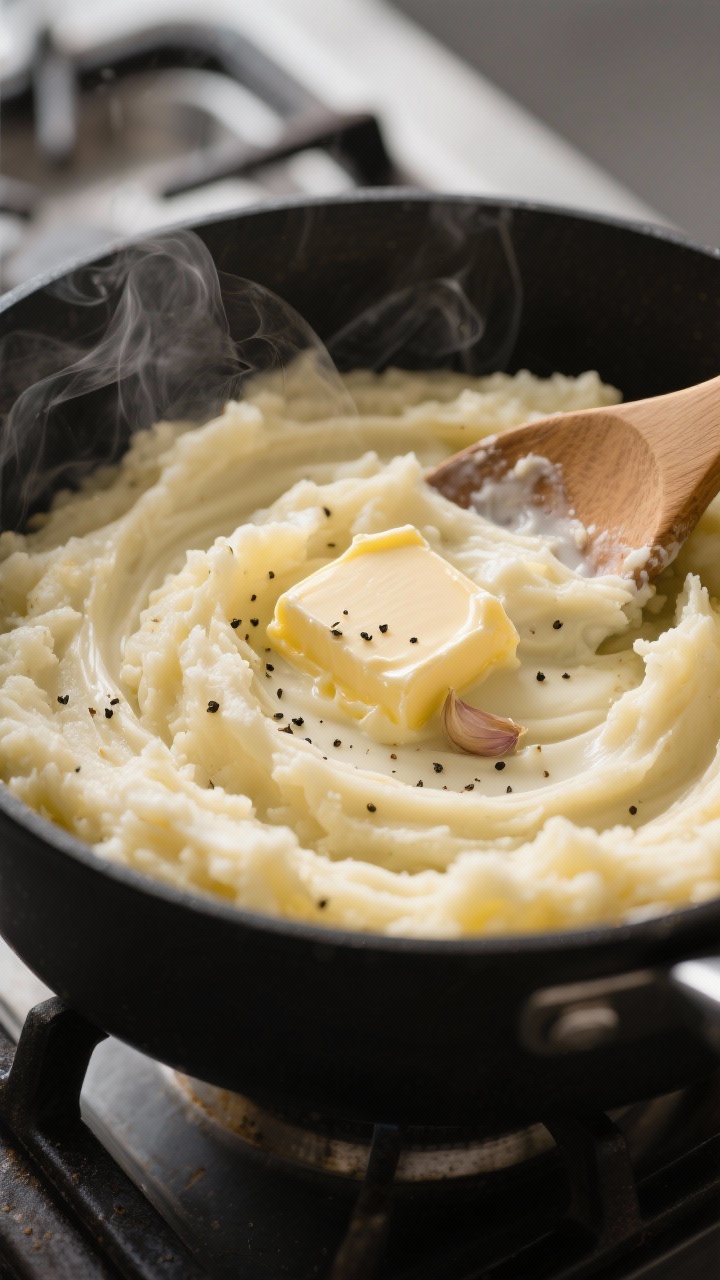Cooking process, close-up detail: Close-up of freshly riced Yukon Gold mashed potatoes being folded 