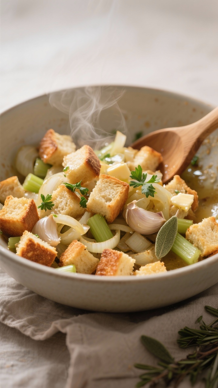 Cooking process, close-up detail: Close-up of golden, toasted bread cubes being folded with glossy s