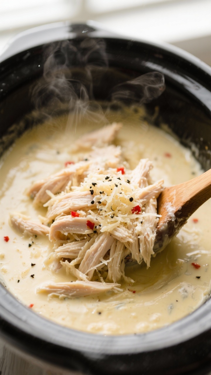 Cooking process, close-up detail: Close-up of shredded slow-cooker garlic Parmesan chicken being sti