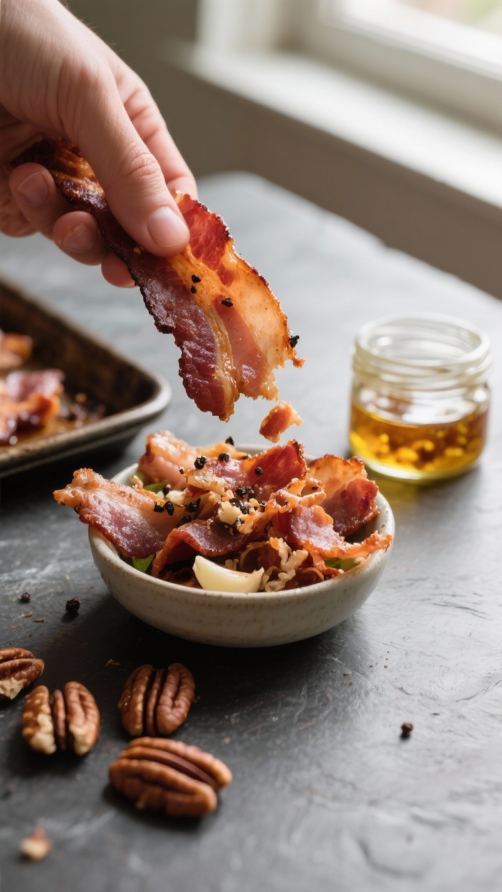Cooking process, close-up detail: Close-up of thick-cut bacon just out of the oven being crumbled ov