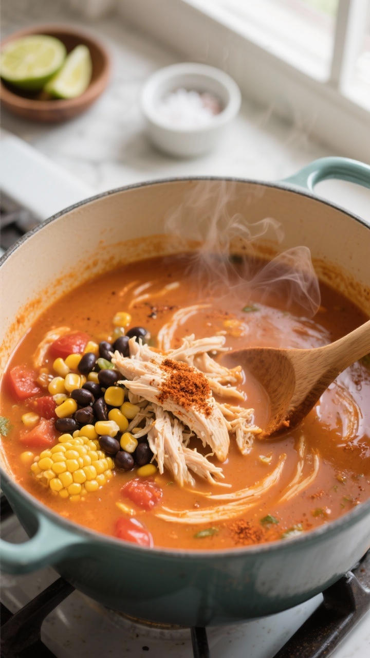 Cooking process, close-up detail: Close-up of velvety chicken tortilla soup base being immersion-ble